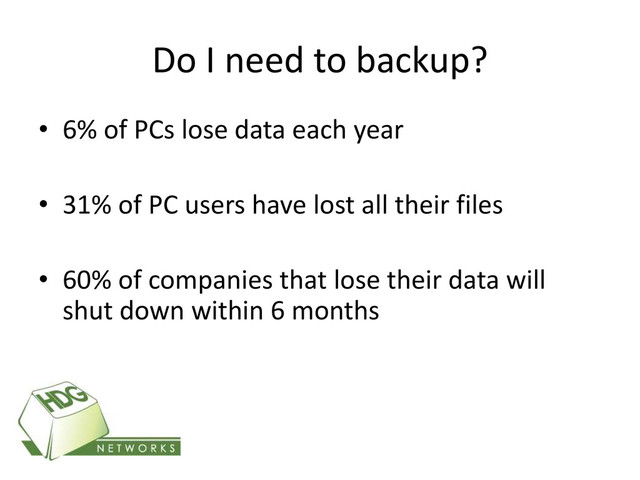 Do I need to backup?
• 6% of PCs lose data each year
• 31% of PC users have lost all their files
• 60% of companies that lose their data will
shut down within 6 months
