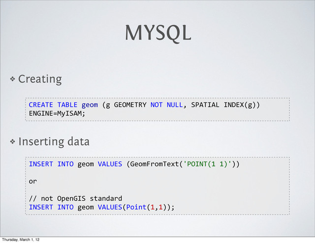 MYSQL
❖ Creating
❖ Inserting data
CREATE  TABLE  geom  (g  GEOMETRY  NOT  NULL,  SPATIAL  INDEX(g))  
ENGINE=MyISAM;
INSERT  INTO  geom  VALUES  (GeomFromText('POINT(1  1)'))
or
//  not  OpenGIS  standard
INSERT  INTO  geom  VALUES(Point(1,1));
Thursday, March 1, 12
