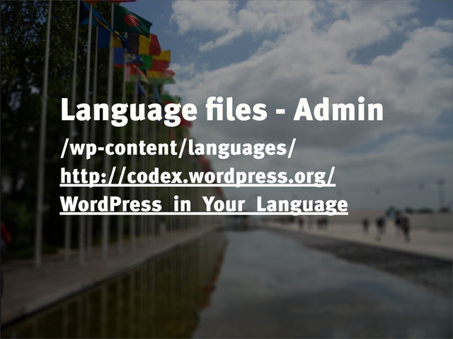 Language ﬁles - Admin
/wp-content/languages/
http://codex.wordpress.org/
WordPress_in_Your_Language
