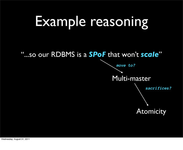 Example reasoning
“...so our RDBMS is a SPoF that won’t scale”
Atomicity
Multi-master
sacrifices?
move to?
Wednesday, August 31, 2011
