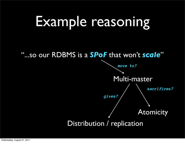Example reasoning
“...so our RDBMS is a SPoF that won’t scale”
Distribution / replication
Atomicity
Multi-master
sacrifices?
gives?
move to?
Wednesday, August 31, 2011
