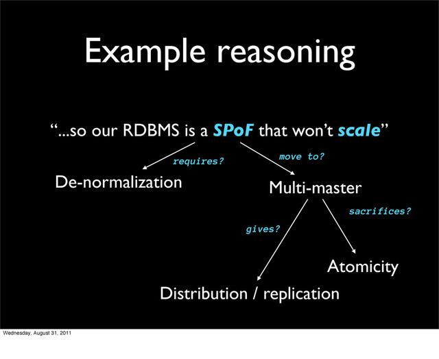 Example reasoning
“...so our RDBMS is a SPoF that won’t scale”
Distribution / replication
De-normalization
Atomicity
Multi-master
sacrifices?
gives?
move to?
requires?
Wednesday, August 31, 2011
