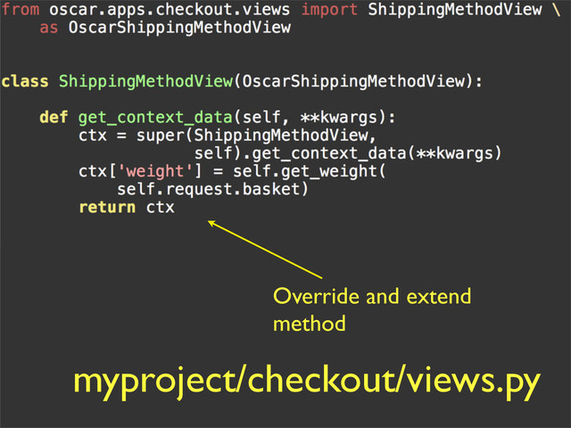 myproject/checkout/views.py
Override and extend
method

