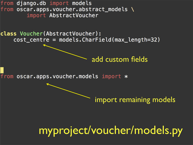 add custom ﬁelds
myproject/voucher/models.py
import remaining models
