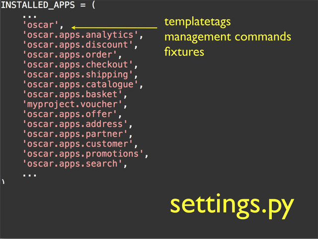 templatetags
management commands
ﬁxtures
settings.py
