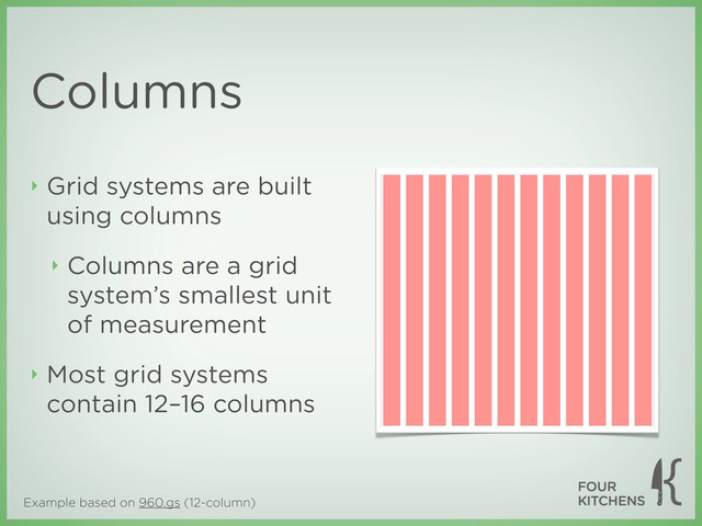 Example based on 960.gs (12-column)
Columns
‣ Grid systems are built
using columns
‣ Columns are a grid
system’s smallest unit
of measurement
‣ Most grid systems
contain 12–16 columns

