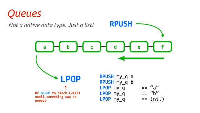 f
e
d
c
b
a
RPUSH
LPOP RPUSH my_q a
RPUSH my_q b
LPOP my_q == “a”
LPOP my_q == “b”
LPOP my_q == (nil)
Or BLPOP to block (wait)
until something can be
popped
Queues
Not a native data type. Just a list!
