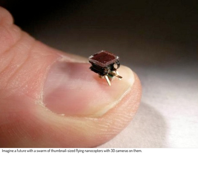 Imagine a future with a swarm of thumbnail-sized ﬂying nanocopters with 3D cameras on them.
