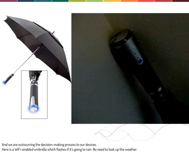 And we are outsourcing the decision-making process to our devices.
Here is a WiFi-enabled umbrella which ﬂashes if it’s going to rain. No need to look up the weather.
