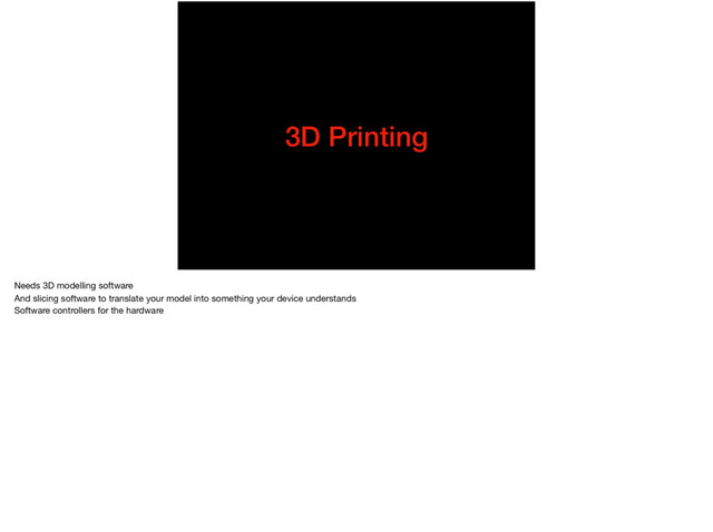 3D Printing
Needs 3D modelling software

And slicing software to translate your model into something your device understands 

Software controllers for the hardware
