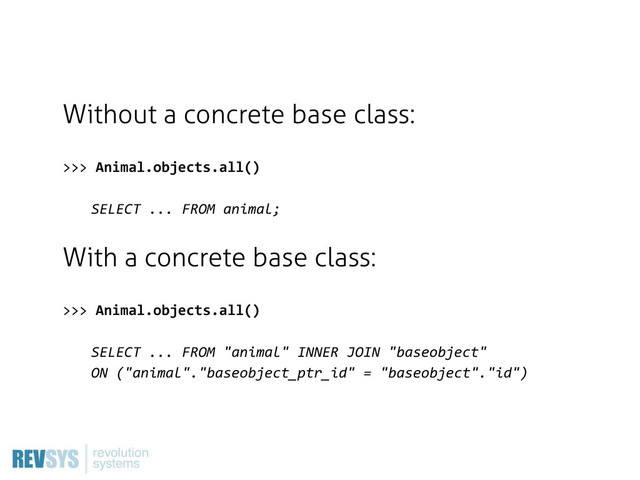 Without a concrete base class:
>>>  Animal.objects.all()
SELECT  ...  FROM  animal;
With a concrete base class:
>>>  Animal.objects.all()
SELECT  ...  FROM  "animal"  INNER  JOIN  "baseobject"  
ON  ("animal"."baseobject_ptr_id"  =  "baseobject"."id")
