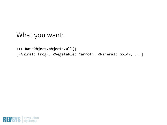 What you want:
>>>  BaseObject.objects.all()
[,  ,  ,  ...]
