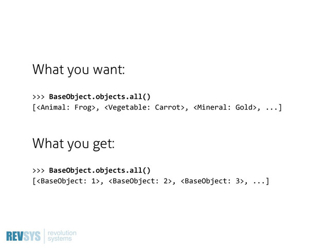 What you want:
>>>  BaseObject.objects.all()
[,  ,  ,  ...]
What you get:
>>>  BaseObject.objects.all()
[,  ,  ,  ...]
