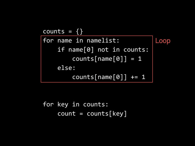 counts  =  {}  
for  name  in  namelist:  
        if  name[0]  not  in  counts:  
                counts[name[0]]  =  1  
        else:  
                counts[name[0]]  +=  1  
for  key  in  counts:  
        count  =  counts[key]
Loop
