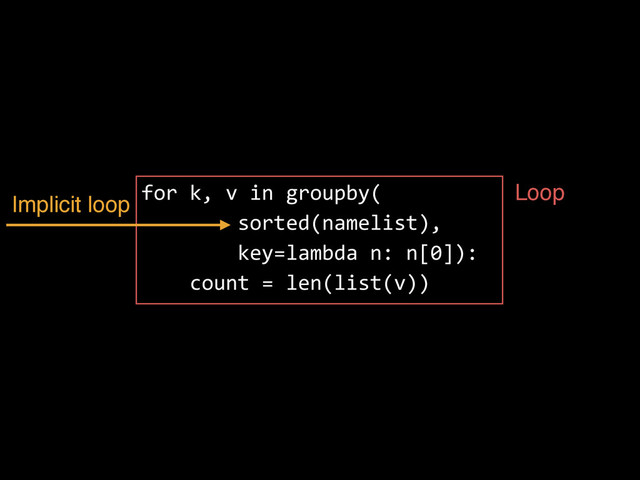 for  k,  v  in  groupby(  
                sorted(namelist),    
                key=lambda  n:  n[0]):  
        count  =  len(list(v))
Loop
Implicit loop
