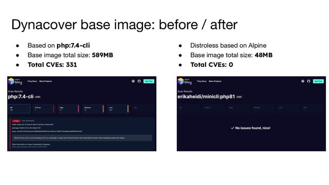 Dynacover base image: before / after
● Based on php:7.4-cli
● Base image total size: 589MB
● Total CVEs: 331
● Distroless based on Alpine
● Base image total size: 48MB
● Total CVEs: 0
