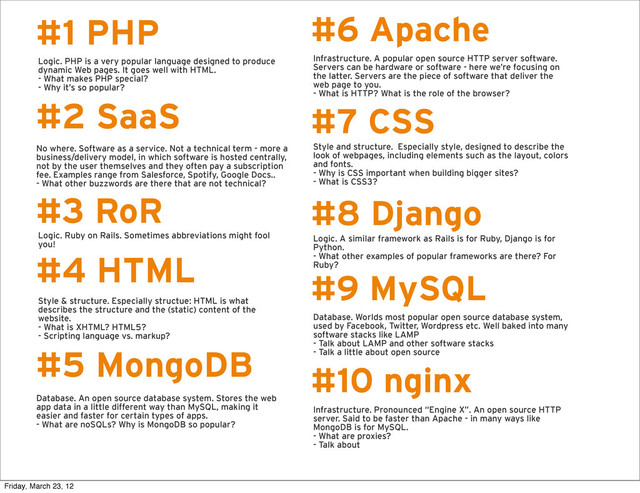 R
#1 PHP
#2 SaaS
#3 RoR
#4 HTML
#5 MongoDB
#6 Apache
#7 CSS
#8 Django
#9 MySQL
#10 nginx
Logic. PHP is a very popular language designed to produce
dynamic Web pages. It goes well with HTML.
- What makes PHP special?
- Why it’s so popular?
No where. Software as a service. Not a technical term - more a
business/delivery model, in which software is hosted centrally,
not by the user themselves and they often pay a subscription
fee. Examples range from Salesforce, Spotify, Google Docs..
- What other buzzwords are there that are not technical?
Logic. Ruby on Rails. Sometimes abbreviations might fool
you!
Style & structure. Especially structue: HTML is what
describes the structure and the (static) content of the
website.
- What is XHTML? HTML5?
- Scripting language vs. markup?
Database. An open source database system. Stores the web
app data in a little different way than MySQL, making it
easier and faster for certain types of apps.
- What are noSQLs? Why is MongoDB so popular?
Infrastructure. A popular open source HTTP server software.
Servers can be hardware or software - here we’re focusing on
the latter. Servers are the piece of software that deliver the
web page to you.
- What is HTTP? What is the role of the browser?
Style and structure. Especially style, designed to describe the
look of webpages, including elements such as the layout, colors
and fonts.
- Why is CSS important when building bigger sites?
- What is CSS3?
Logic. A similar framework as Rails is for Ruby, Django is for
Python.
- What other examples of popular frameworks are there? For
Ruby?
Database. Worlds most popular open source database system,
used by Facebook, Twitter, Wordpress etc. Well baked into many
software stacks like LAMP
- Talk about LAMP and other software stacks
- Talk a little about open source
Infrastructure. Pronounced “Engine X”. An open source HTTP
server. Said to be faster than Apache - in many ways like
MongoDB is for MySQL.
- What are proxies?
- Talk about
Friday, March 23, 12
