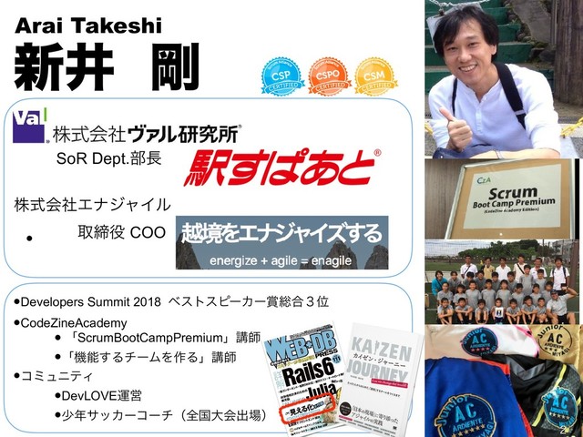 Copyright (c) enagile
•  
גࣜձࣾΤφδϟΠϧ
৽Ҫ ߶
Arai Takeshi
औక໾ COO


SoR Dept.෦௕
•Developers Summit 2018 ϕετεϐʔΧʔ৆૯߹̏Ґ
•CodeZineAcademy
• ʮScrumBootCampPremiumʯߨࢣ
•ʮػೳ͢ΔνʔϜΛ࡞Δʯߨࢣ
•ίϛϡχςΟ
•DevLOVEӡӦ
•গ೥αοΧʔίʔνʢશࠃେձग़৔ʣ
