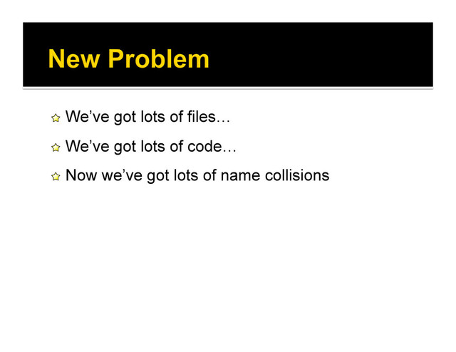 !   We’ve got lots of files…
!   We’ve got lots of code…
!   Now we’ve got lots of name collisions
