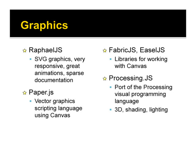 !   RaphaelJS
  SVG graphics, very
responsive, great
animations, sparse
documentation
!   Paper.js
  Vector graphics
scripting language
using Canvas
!   FabricJS, EaselJS
  Libraries for working
with Canvas
!   Processing.JS
  Port of the Processing
visual programming
language
  3D, shading, lighting
