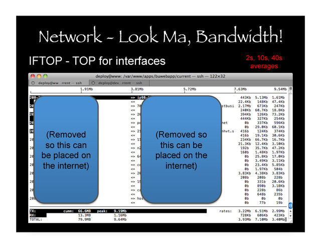 IFTOP - TOP for interfaces
Network - Look Ma, Bandwidth!
2s, 10s, 40s
averages
(Removed so
this can be
placed on the
internet)
(Removed
so this can
be placed on
the internet)
