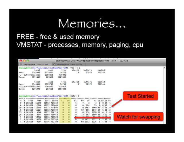 Memories...
FREE - free & used memory
VMSTAT - processes, memory, paging, cpu
Test Started
Watch for swapping
