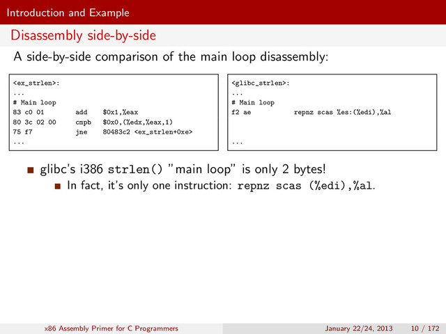 Introduction and Example
Disassembly side-by-side
A side-by-side comparison of the main loop disassembly:
:
...
# Main loop
83 c0 01 add $0x1,%eax
80 3c 02 00 cmpb $0x0,(%edx,%eax,1)
75 f7 jne 80483c2 
...
:
...
# Main loop
f2 ae repnz scas %es:(%edi),%al
...
glibc’s i386 strlen() ”main loop” is only 2 bytes!
In fact, it’s only one instruction: repnz scas (%edi),%al.
x86 Assembly Primer for C Programmers January 22/24, 2013 10 / 172
