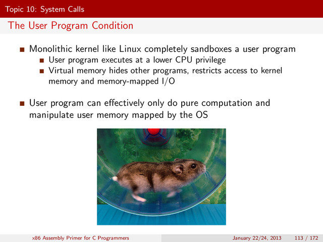 Topic 10: System Calls
The User Program Condition
Monolithic kernel like Linux completely sandboxes a user program
User program executes at a lower CPU privilege
Virtual memory hides other programs, restricts access to kernel
memory and memory-mapped I/O
User program can eﬀectively only do pure computation and
manipulate user memory mapped by the OS
x86 Assembly Primer for C Programmers January 22/24, 2013 113 / 172
