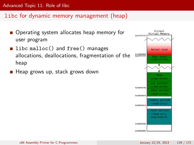 Advanced Topic 11: Role of libc
libc for dynamic memory management (heap)
Operating system allocates heap memory for
user program
libc malloc() and free() manages
allocations, deallocations, fragmentation of the
heap
Heap grows up, stack grows down
x86 Assembly Primer for C Programmers January 22/24, 2013 129 / 172
