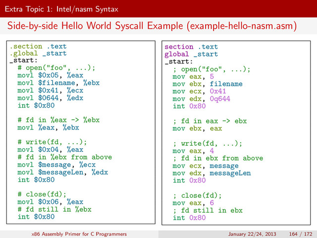 Extra Topic 1: Intel/nasm Syntax
Side-by-side Hello World Syscall Example (example-hello-nasm.asm)
.section .text
.global _start
_start:
# open("foo", ...);
movl $0x05, %eax
movl $filename, %ebx
movl $0x41, %ecx
movl $0644, %edx
int $0x80
# fd in %eax -> %ebx
movl %eax, %ebx
# write(fd, ...);
movl $0x04, %eax
# fd in %ebx from above
movl $message, %ecx
movl $messageLen, %edx
int $0x80
# close(fd);
movl $0x06, %eax
# fd still in %ebx
int $0x80
section .text
global _start
_start:
; open("foo", ...);
mov eax, 5
mov ebx, filename
mov ecx, 0x41
mov edx, 0q644
int 0x80
; fd in eax -> ebx
mov ebx, eax
; write(fd, ...);
mov eax, 4
; fd in ebx from above
mov ecx, message
mov edx, messageLen
int 0x80
; close(fd);
mov eax, 6
; fd still in ebx
int 0x80
x86 Assembly Primer for C Programmers January 22/24, 2013 164 / 172
