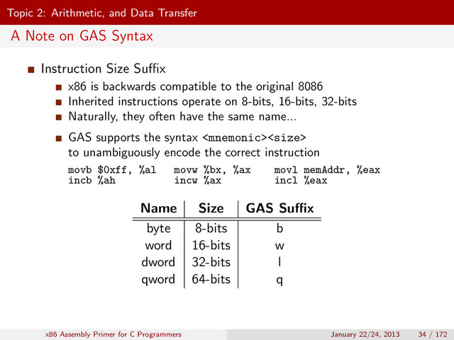Topic 2: Arithmetic, and Data Transfer
A Note on GAS Syntax
Instruction Size Suﬃx
x86 is backwards compatible to the original 8086
Inherited instructions operate on 8-bits, 16-bits, 32-bits
Naturally, they often have the same name...
GAS supports the syntax 
to unambiguously encode the correct instruction
movb $0xff, %al movw %bx, %ax movl memAddr, %eax
incb %ah incw %ax incl %eax
Name Size GAS Suﬃx
byte 8-bits b
word 16-bits w
dword 32-bits l
qword 64-bits q
x86 Assembly Primer for C Programmers January 22/24, 2013 34 / 172
