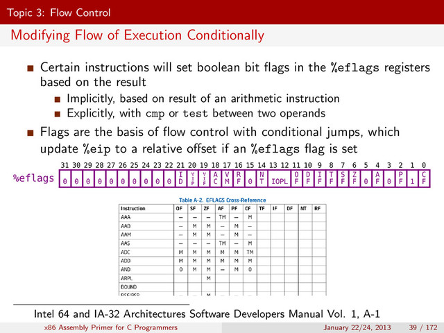 Topic 3: Flow Control
Modifying Flow of Execution Conditionally
Certain instructions will set boolean bit ﬂags in the %eflags registers
based on the result
Implicitly, based on result of an arithmetic instruction
Explicitly, with cmp or test between two operands
Flags are the basis of ﬂow control with conditional jumps, which
update %eip to a relative oﬀset if an %eflags ﬂag is set
Intel 64 and IA-32 Architectures Software Developers Manual Vol. 1, A-1
x86 Assembly Primer for C Programmers January 22/24, 2013 39 / 172
