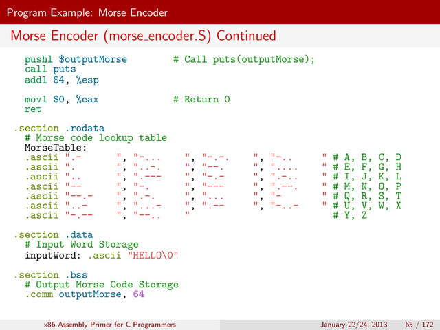 Program Example: Morse Encoder
Morse Encoder (morse encoder.S) Continued
pushl $outputMorse # Call puts(outputMorse);
call puts
addl $4, %esp
movl $0, %eax # Return 0
ret
.section .rodata
# Morse code lookup table
MorseTable:
.ascii ".- ", "-... ", "-.-. ", "-.. " # A, B, C, D
.ascii ". ", "..-. ", "--. ", ".... " # E, F, G, H
.ascii ".. ", ".--- ", "-.- ", ".-.. " # I, J, K, L
.ascii "-- ", "-. ", "--- ", ".--. " # M, N, O, P
.ascii "--.- ", ".-. ", "... ", "- " # Q, R, S, T
.ascii "..- ", "...- ", ".-- ", "-..- " # U, V, W, X
.ascii "-.-- ", "--.. " # Y, Z
.section .data
# Input Word Storage
inputWord: .ascii "HELLO\0"
.section .bss
# Output Morse Code Storage
.comm outputMorse, 64
x86 Assembly Primer for C Programmers January 22/24, 2013 65 / 172

