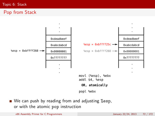 Topic 6: Stack
Pop from Stack
We can push by reading from and adjusting %esp,
or with the atomic pop instruction
x86 Assembly Primer for C Programmers January 22/24, 2013 72 / 172
