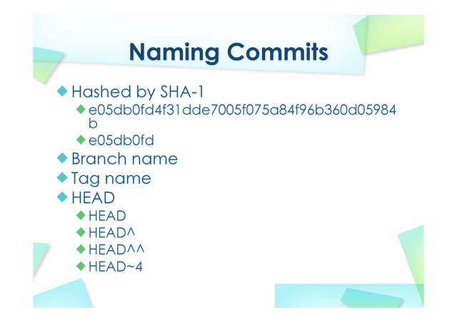 Naming Commits
Hashed by SHA-1
e05db0fd4f31dde7005f075a84f96b360d05984
b
e05db0fd
Branch name
Tag name
HEAD
HEAD
HEAD^
HEAD^^
HEAD~4
