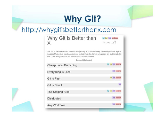 Why Git?
http://whygitisbetterthanx.com
