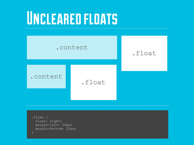 .float {
float: right;
margin-left: 20px;
margin-bottom: 20px;
}
.float
.content
Uncleared floats
.content
.float
