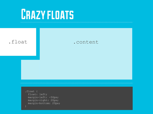 .float {
float: left;
margin-left: -50px;
margin-right: 20px;
margin-bottom: 20px;
}
.float .content
Crazy floats
