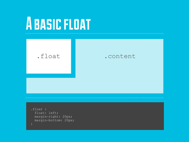 .float {
float: left;
margin-right: 20px;
margin-bottom: 20px;
}
.float .content
A basic float
