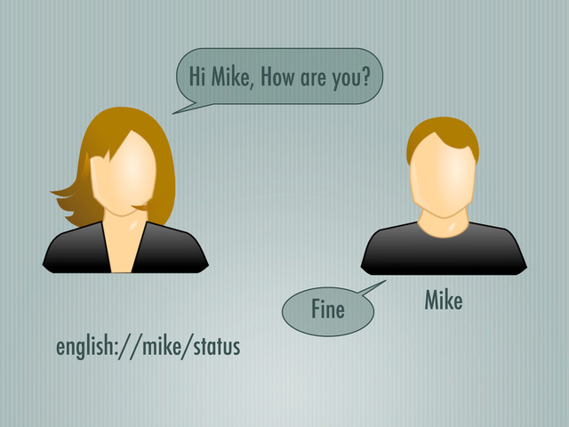 Mike
Hi Mike, How are you?
Fine
english://mike/status
