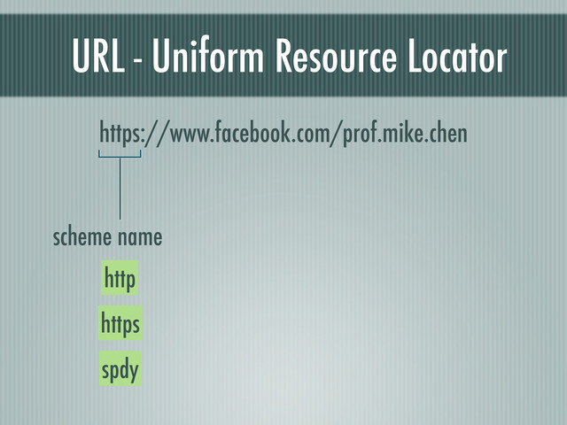 URL - Uniform Resource Locator
https://www.facebook.com/prof.mike.chen
scheme name
http
https
spdy
