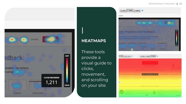 HEATMAPS
These tools
provide a
visual guide to
clicks,
movement,
and scrolling
on your site.
28
RESPONSIBLE TRACKING |
