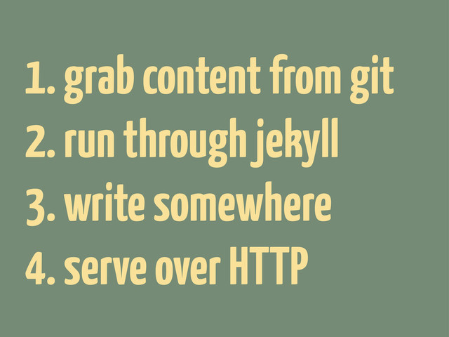 1. grab content from git
2. run through jekyll
3. write somewhere
4. serve over HTTP
