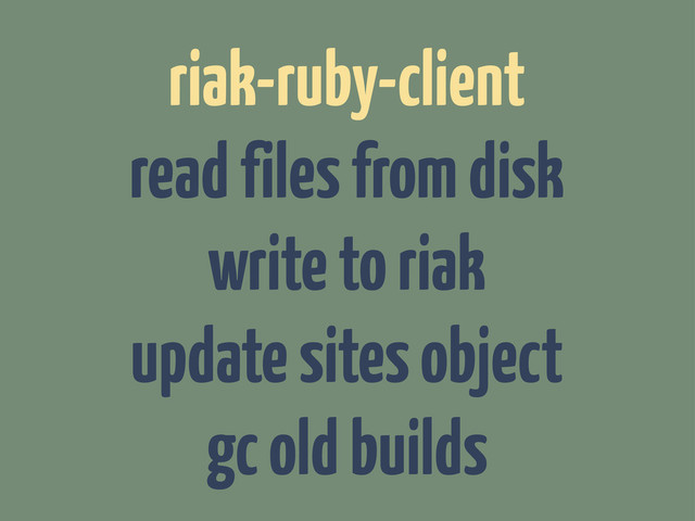 riak-ruby-client
read files from disk
write to riak
update sites object
gc old builds
