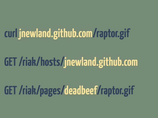 curl jnewland.github.com/raptor.gif
GET /riak/hosts/jnewland.github.com
GET /riak/pages/deadbeef/raptor.gif
