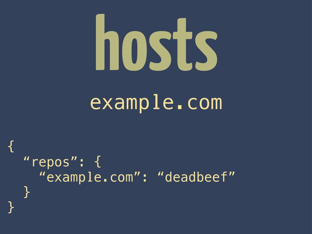 hosts
example.com
{
“repos”: {
“example.com”: “deadbeef”
}
}
