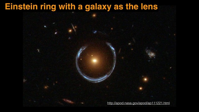 http://apod.nasa.gov/apod/ap111221.html
Einstein ring with a galaxy as the lens
