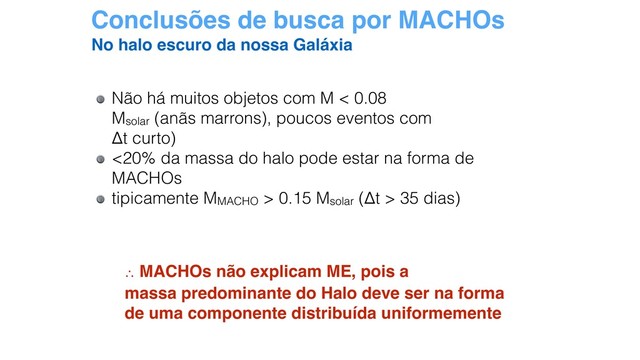 Conclusões de busca por MACHOs
Não há muitos objetos com M < 0.08
Msolar (anãs marrons), poucos eventos com
Δt curto)
<20% da massa do halo pode estar na forma de
MACHOs
tipicamente MMACHO > 0.15 Msolar (Δt > 35 dias)
∴ MACHOs não explicam ME, pois a
massa predominante do Halo deve ser na forma
de uma componente distribuída uniformemente
No halo escuro da nossa Galáxia
