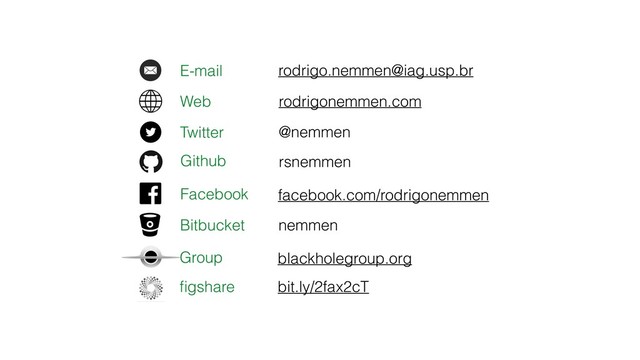 Github
Twitter
Web
E-mail
Bitbucket
Facebook
Group
ﬁgshare
rodrigo.nemmen@iag.usp.br
rodrigonemmen.com
@nemmen
rsnemmen
facebook.com/rodrigonemmen
nemmen
blackholegroup.org
bit.ly/2fax2cT

