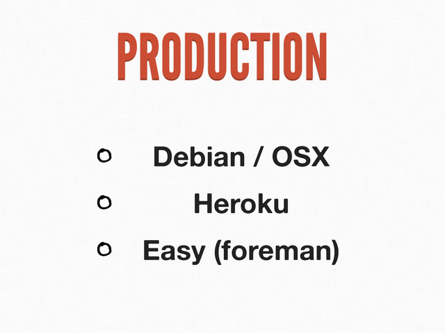 PRODUCTION
Debian / OSX
Heroku
Easy (foreman)
